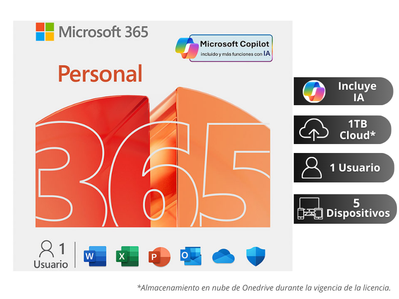 OFFICE MICROSOFT 365 PERSONAL 1 Usuario - 5 Dispositivos, 12 MESES, VIRTUAL (EP2-32316) + IA Copilot